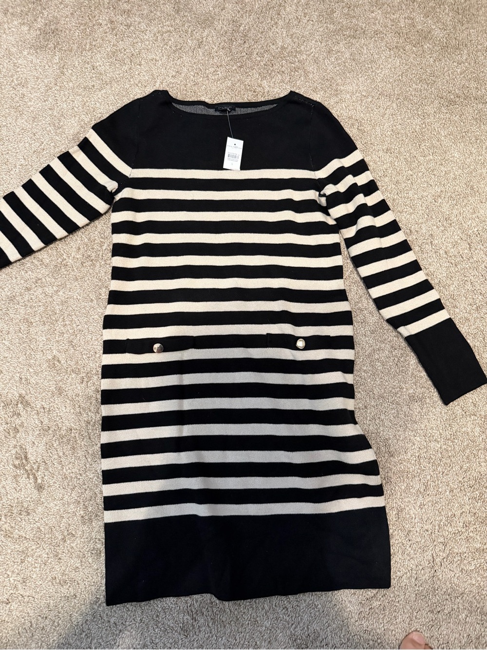 Ann Taylor Black and Cream Striped Long Sleeve Knit Dress